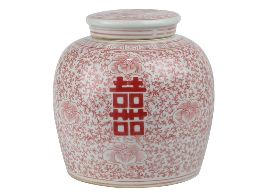 Chinesische Deckelvase Rot Weiß Porzellan Doppeltes Glück D23xH23cm