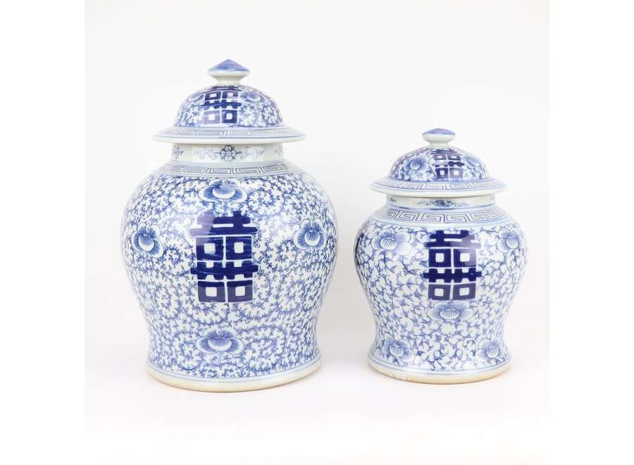 Chinesische Deckelvase Blau Weiß Porzellan Doppeltes Glück D23xH32cm