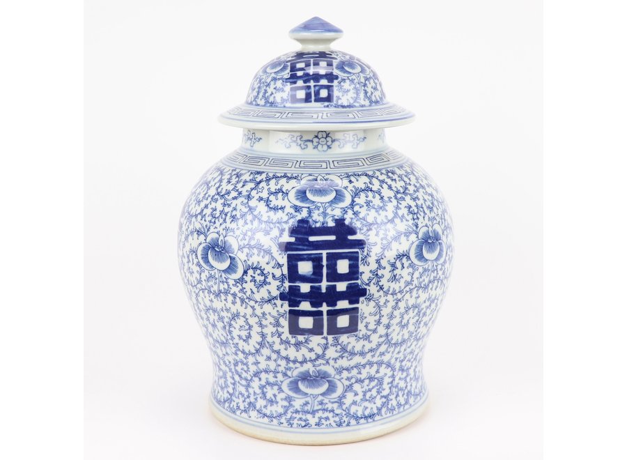 Pot à Gingembre Chinois Bleu Blanc Porcelaine Double Bonheur D18xH24cm