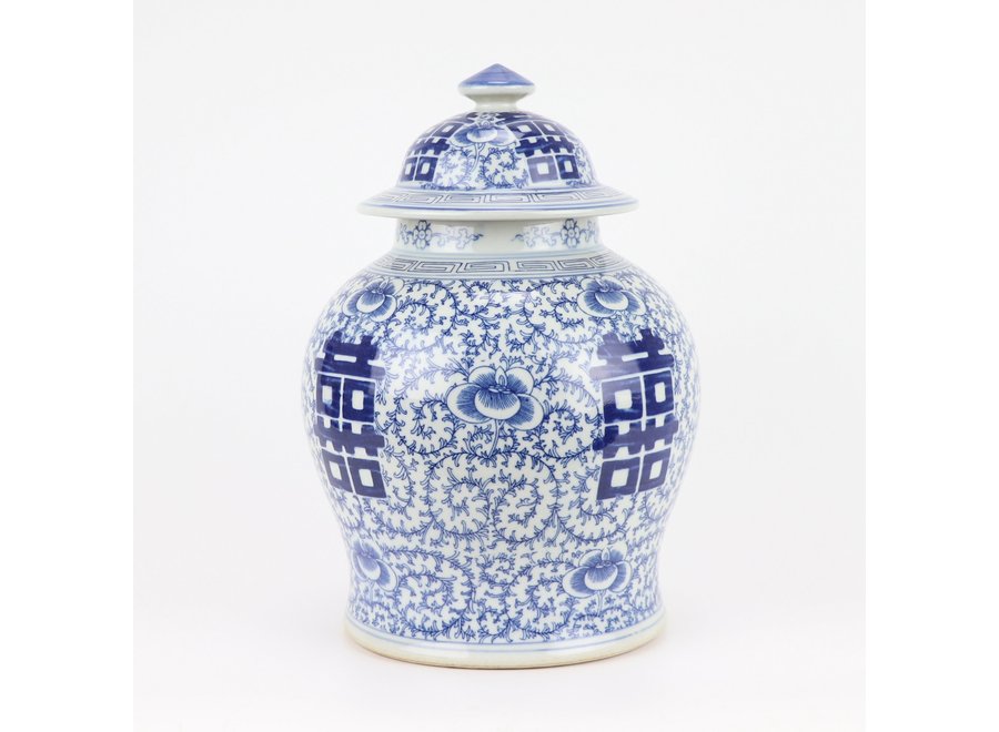 Chinesisches Deckelvase Porzellan handbemalt Doppeltes Glück Blau Weiß D18xH24cm