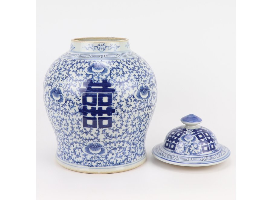 Chinesische Vase mit Deckel Porzellan handbemalt Doppeltes Glück Blau Weiß D18xH24cm