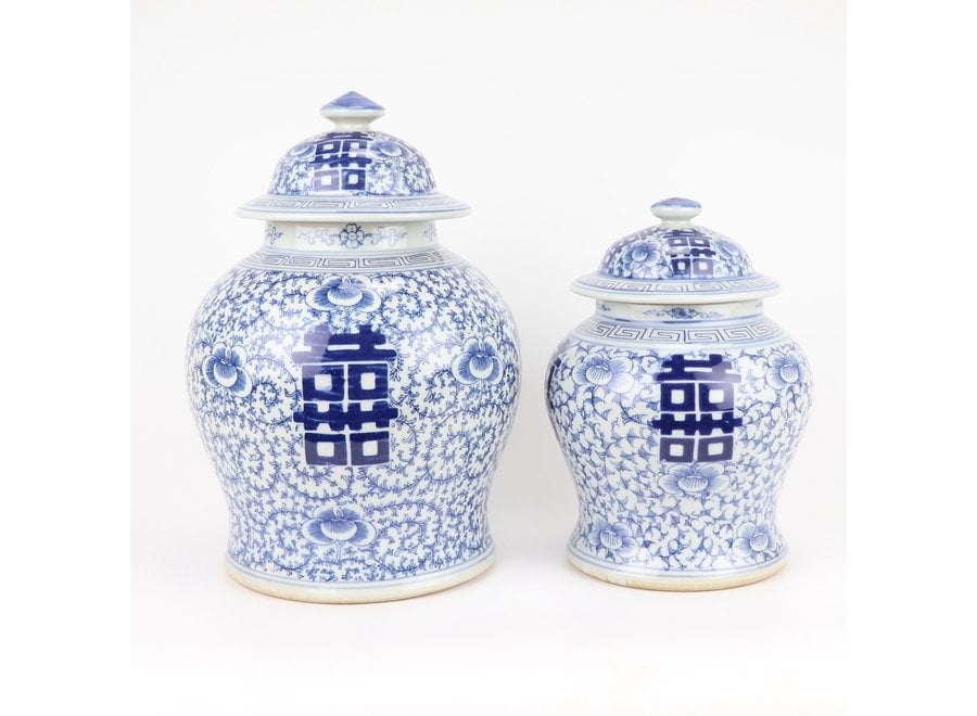 Chinesisches Deckelvase Porzellan handbemalt Doppeltes Glück Blau Weiß D18xH24cm