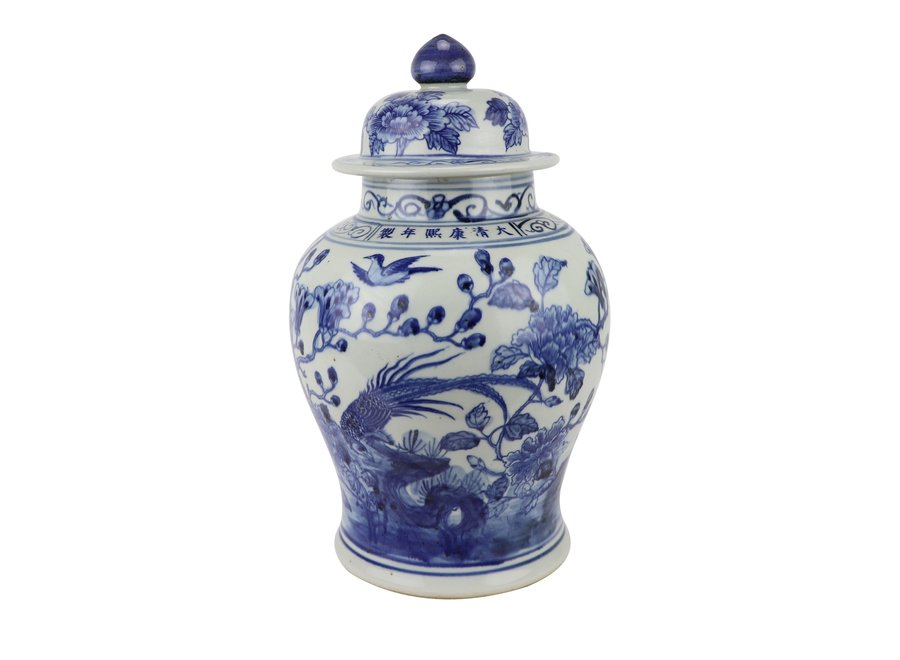 Chinesische Vase mit Deckel Porzellan handbemalt Vögel Blau Weiß D23xH39cm