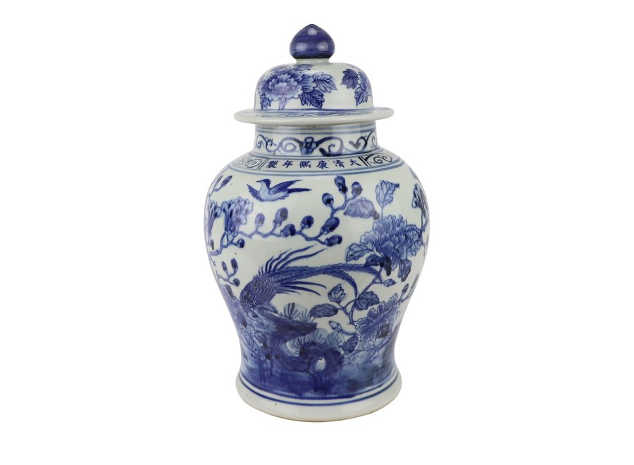 Pot à Gingembre Chinois Porcelaine Oiseaux Peints à la Main Bleu Blanc D23xH39cm