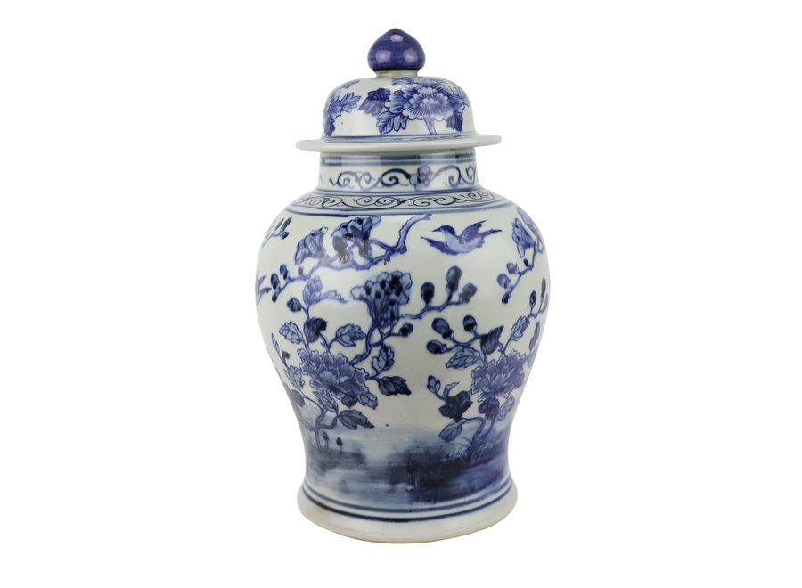 Chinesische Vase mit Deckel Porzellan handbemalt Vögel Blau Weiß D23xH39cm