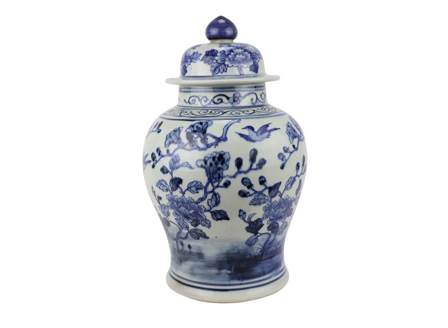 Pot à Gingembre Chinois Porcelaine Oiseaux Peints à la Main Bleu Blanc D23xH39cm