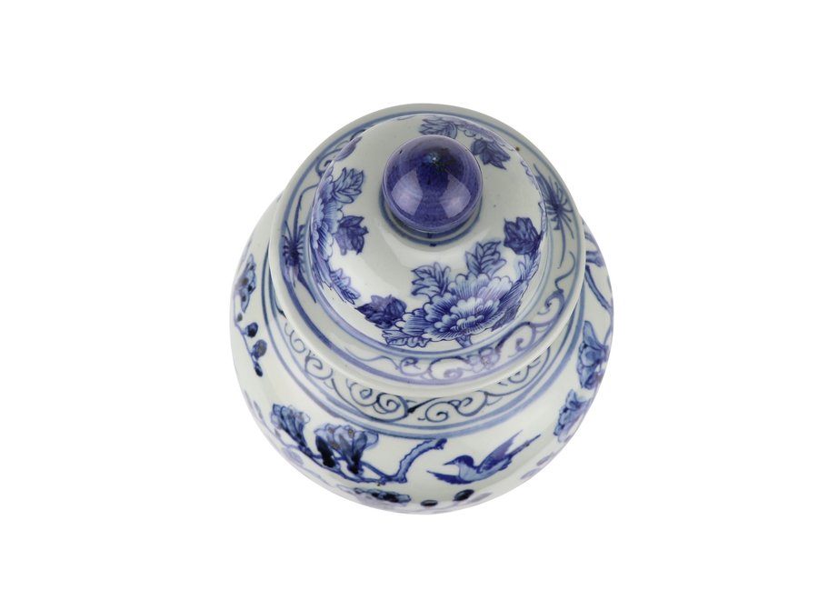 Tarro de Jengibre Chino Templo Porcelana Aves Azul Blanca D23xAlto39cm