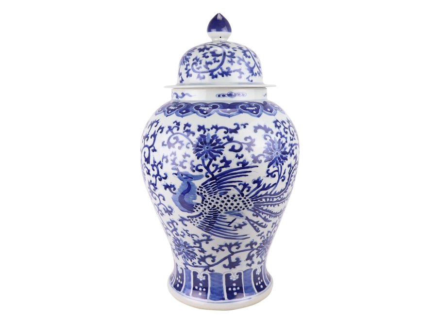 Chinesische Vase mit Deckel Porzellan handbemalt Phönix Blau Weiß D32xH60cm