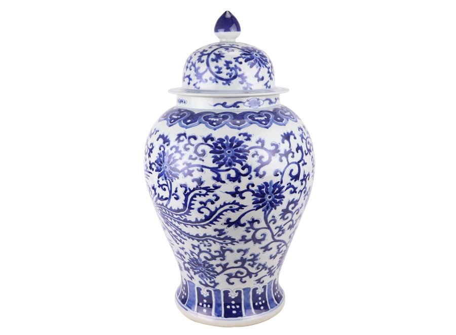 Tarro de Jengibre Chino Templo Porcelana Fénix Azul Blanca D32xAlto60cm