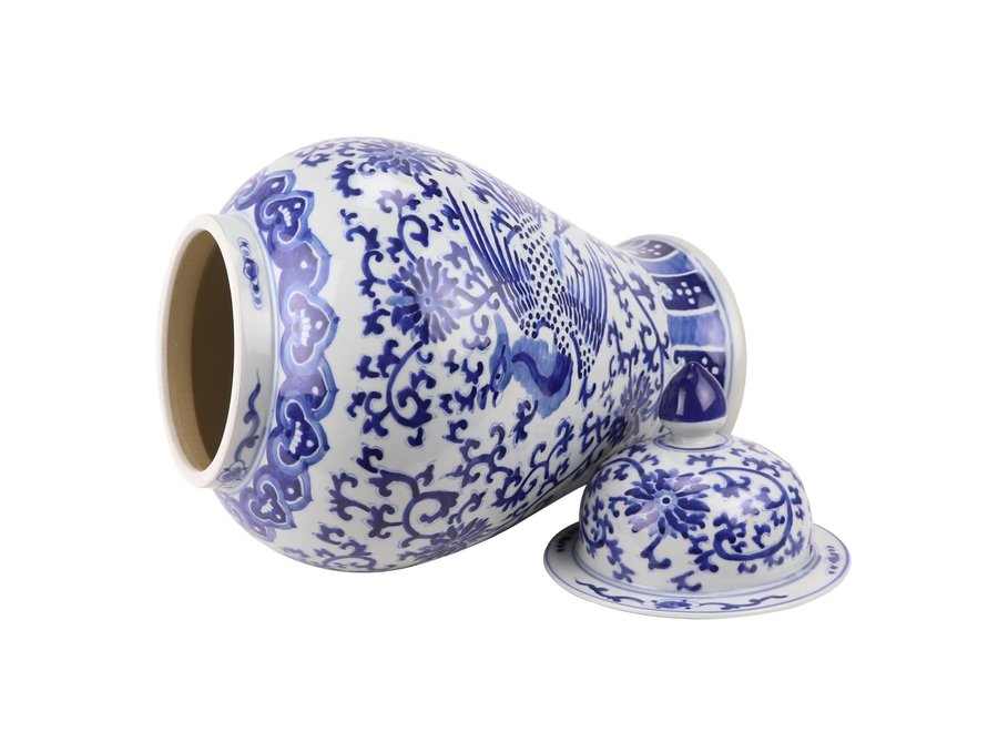 Chinesische Vase mit Deckel Porzellan handbemalt Phönix Blau Weiß D32xH60cm