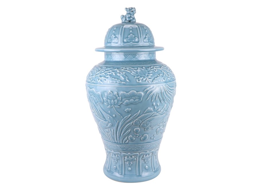 Ginger Jar Cinese Pesci di Koi blu Fatti a Mano D28xH56cm