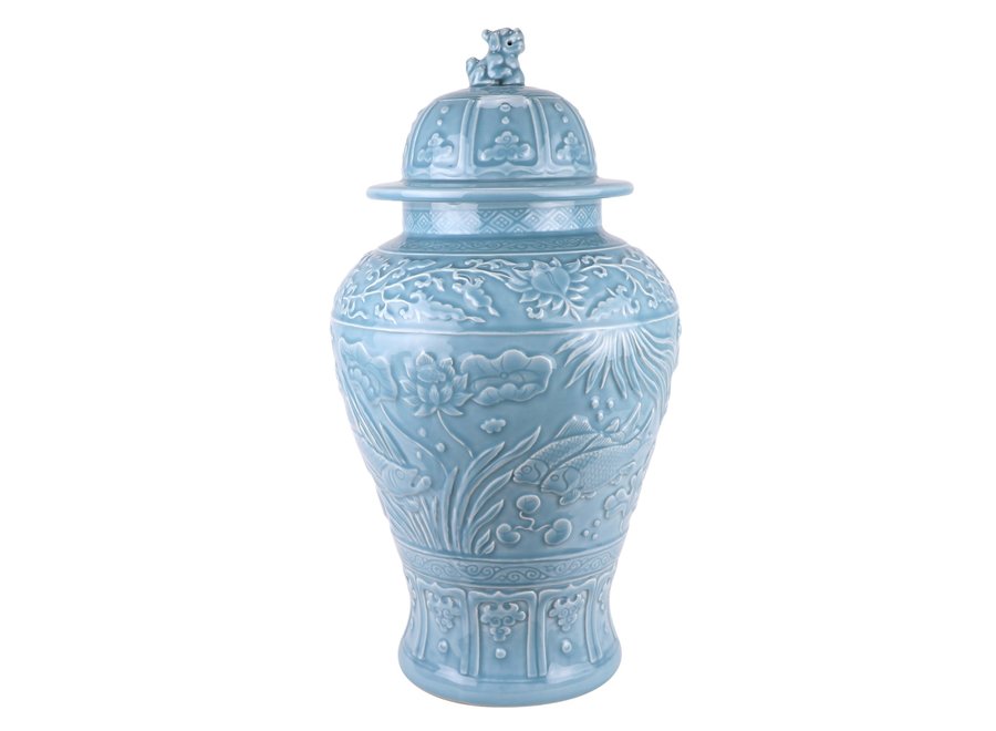 Pot à Gingembre Chinois Porcelaine Bleu Koi Poissons Fait Main D28xH56cm