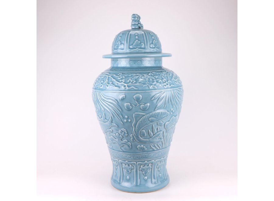 Ginger Jar Cinese Pesci di Koi blu Fatti a Mano D28xH56cm