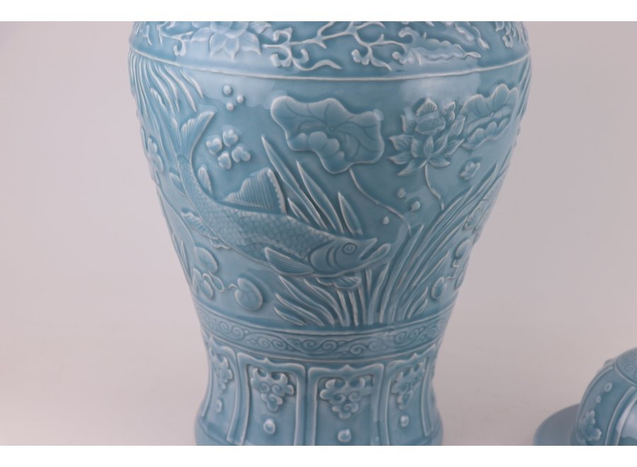 Pot à Gingembre Chinois Porcelaine Bleu Koi Poissons Fait Main D28xH56cm