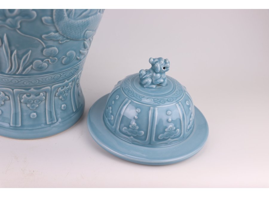 Chinesisches Deckelvase Porzellan Blaue Koi-Fische Handgefertigt D28xH56cm