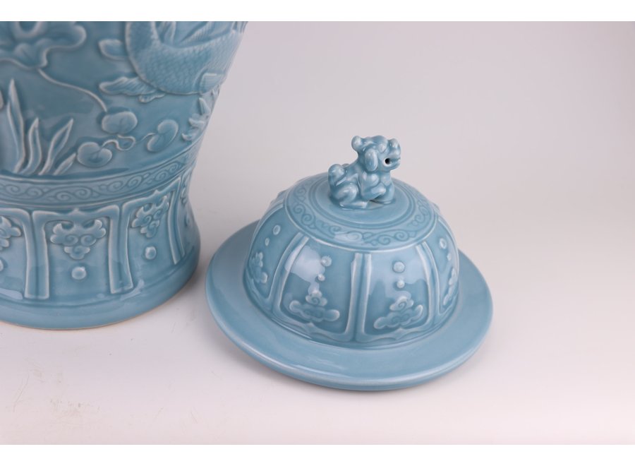 Pot à Gingembre Chinois Porcelaine Bleu Koi Poissons Fait Main D28xH56cm