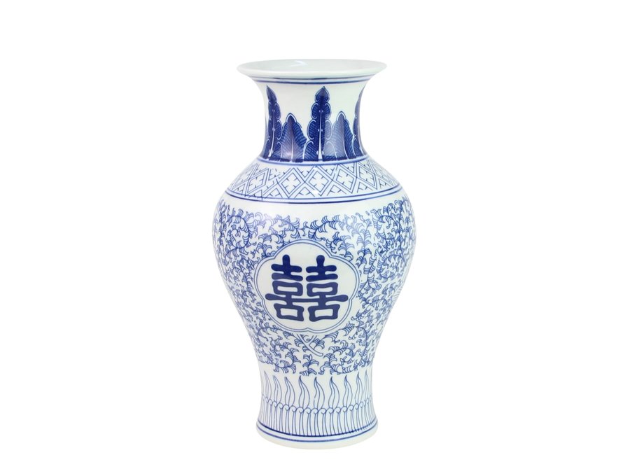 Jarrón Chino de Porcelana Doble Felicidad Azul Blanca D20xAlto32cm