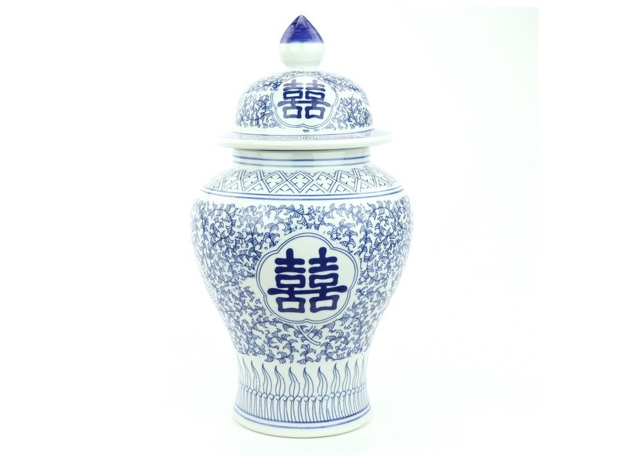Tarro de Jengibre Chino Templo Porcelana Doble Felicidad Azul Blanca D22xAlto40cm