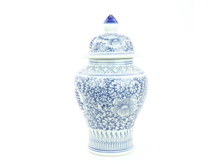 Tarro de Jengibre Chino Templo Porcelana Doble Felicidad Azul Blanca D22xAlto40cm