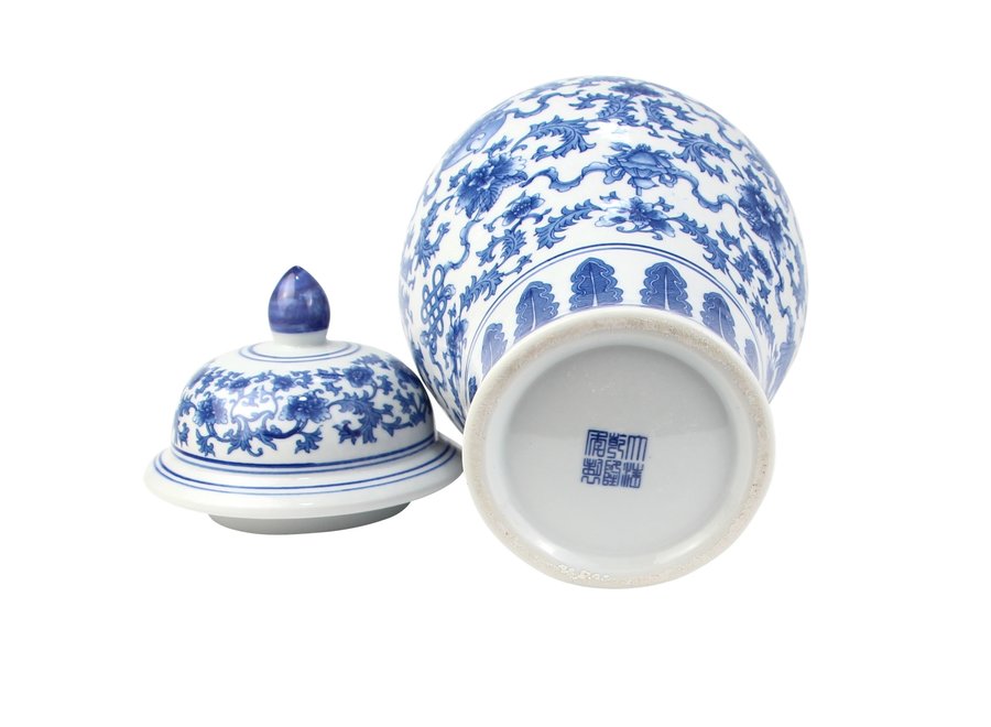 Tarro de Jengibre Chino Templo Porcelana Loto Azul Blanca D22xAlto37cm