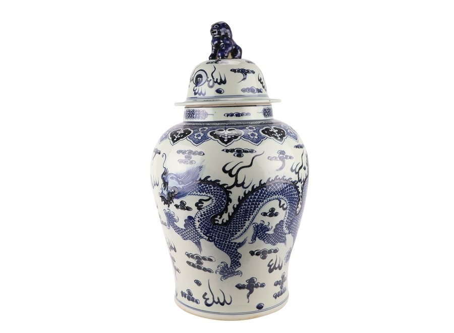 Tarro de Jengibre Chino Templo Porcelana Dragón Pintado a Mano Azul Blanca D34xAlto65cm
