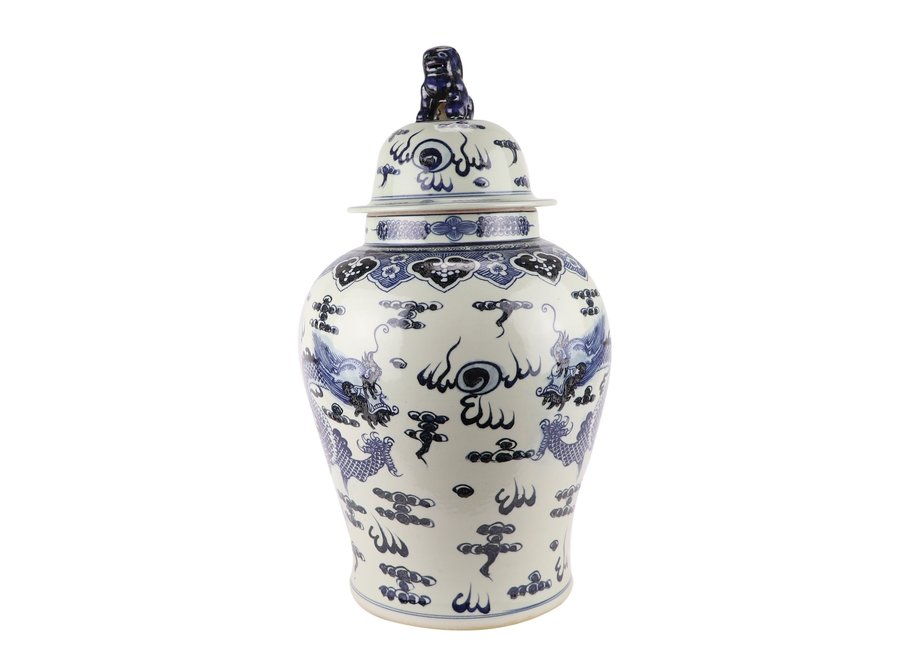 Tarro de Jengibre Chino Templo Porcelana Dragón Pintado a Mano Azul Blanca D34xAlto65cm