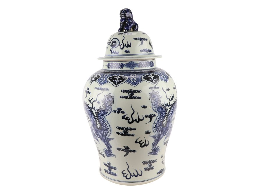 Tarro de Jengibre Chino Templo Porcelana Dragón Pintado a Mano Azul Blanca D34xAlto65cm