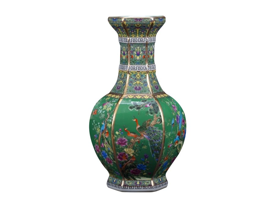 Vase Chinois Porcelaine Fleurs Oiseaux Vert D19xH32cm