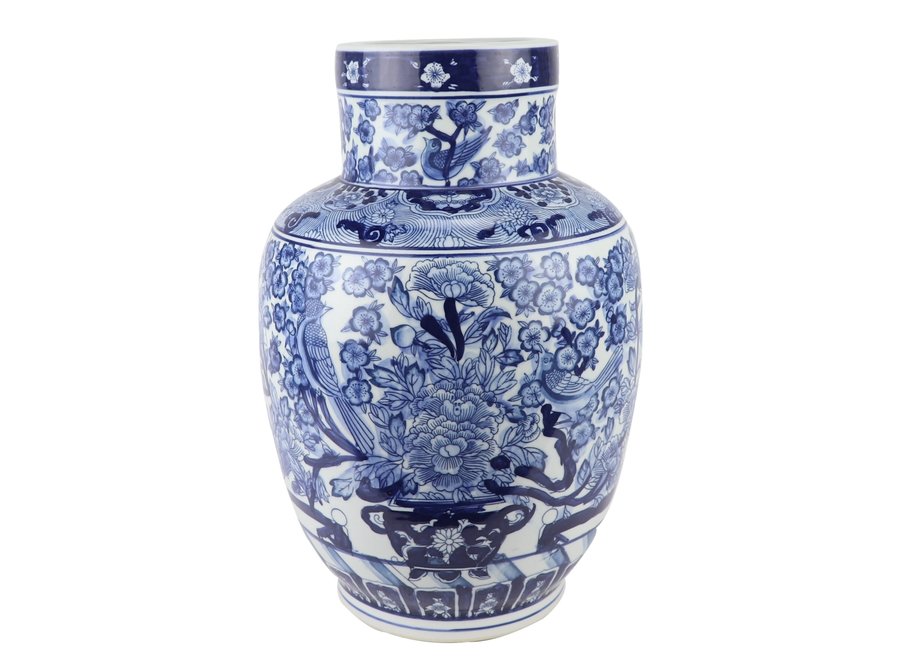 Vase Chinois Bleu Blanc Porcelaine Chinois Roses Oiseaux D28xH42cm