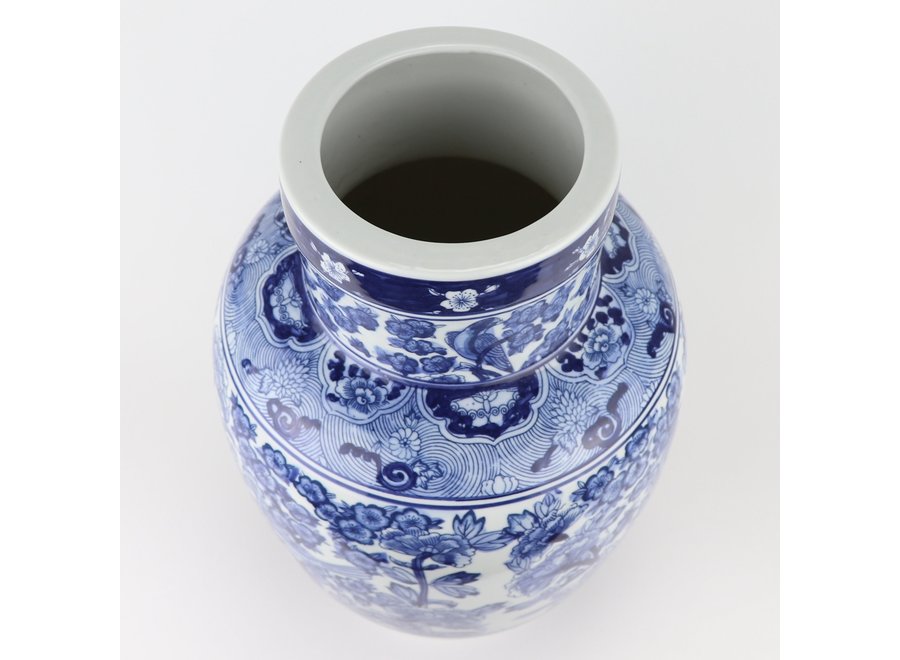 Chinesische Vase Blau Weiß Porzellan Rosen und Vögel D28xH42cm