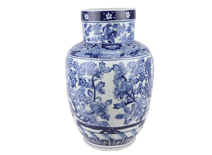 Jarrón Chino de Porcelana Azul Blanca Rosas Pájaros D28xAlto42cm