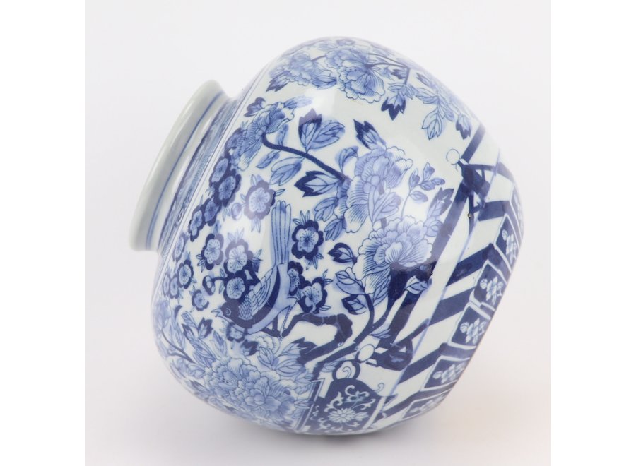 Chinesische Vase Blau Weiß Porzellan Rosen und Vögel D23xH20cm