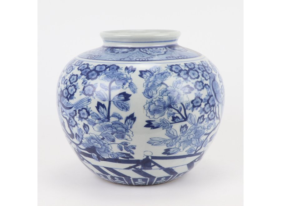 Chinesische Vase Blau Weiß Porzellan Rosen und Vögel D23xH20cm