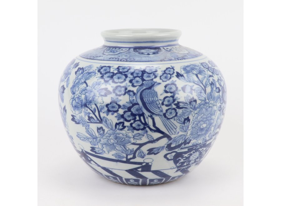 Chinesische Vase Blau Weiß Porzellan Rosen und Vögel D23xH20cm
