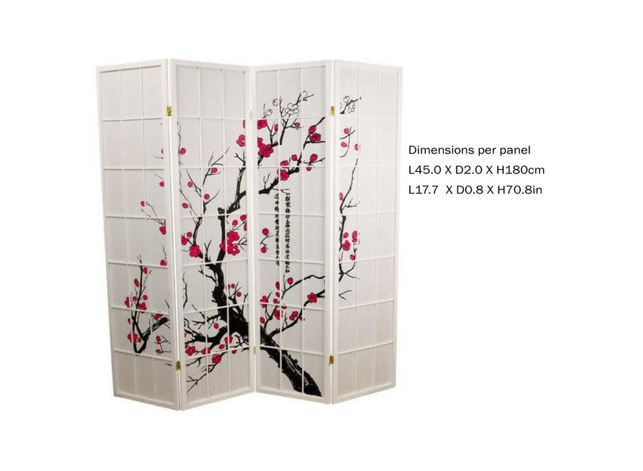 Biombo Japonés An180xAl180cm 4 Paneles Shoji Papel de Arroz Blanco - Flores de Cerezo Separador