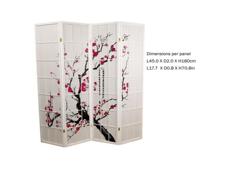 Japanese Room Divider W180xH180cm 4 Panels Privacy Screen Shoji Rice-paper White - Sakura Cherryblossom