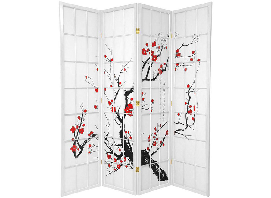 Biombo Japonés An180xAl180cm 4 Paneles Shoji Papel de Arroz Blanco - Flores de Cerezo Separador