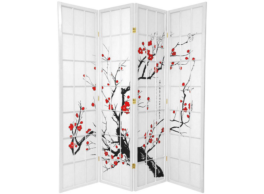 Paravent Japonais L180xH180cm 4 Panneaux Shoji Papier de Riz Blanc - Cerisier en Fleurs