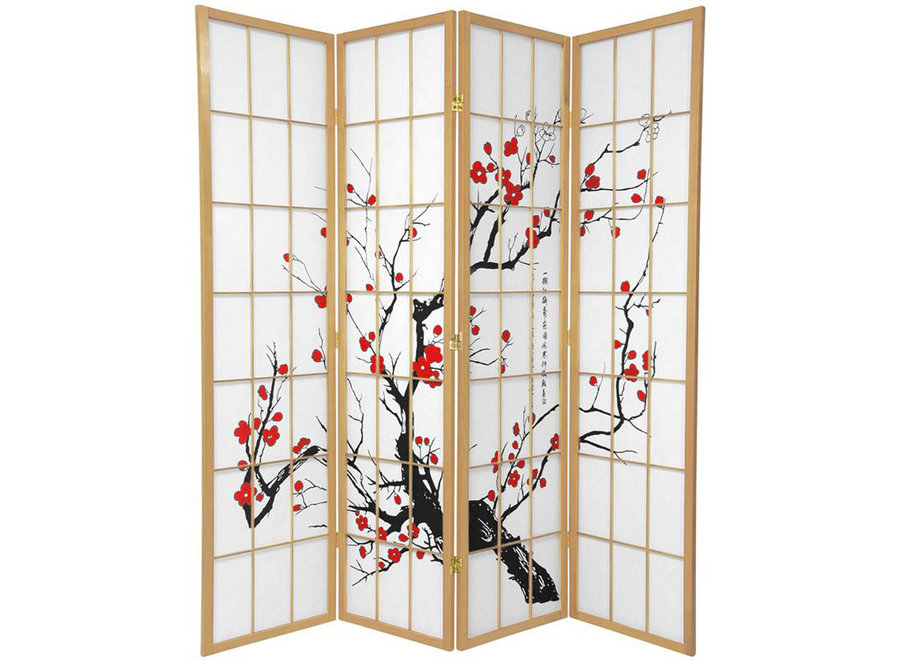 Paravent Japonais L180xH180cm 4 panneaux Shoji Papier de Riz Naturel - Cerisier en Fleurs