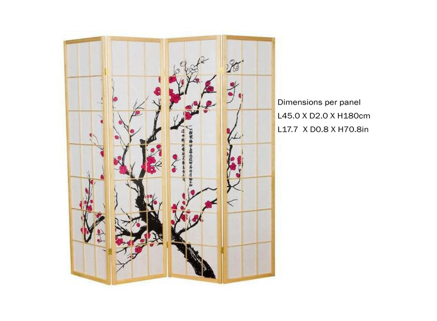 Paravent Japonais L180xH180cm 4 panneaux Shoji Papier de Riz Naturel - Cerisier en Fleurs