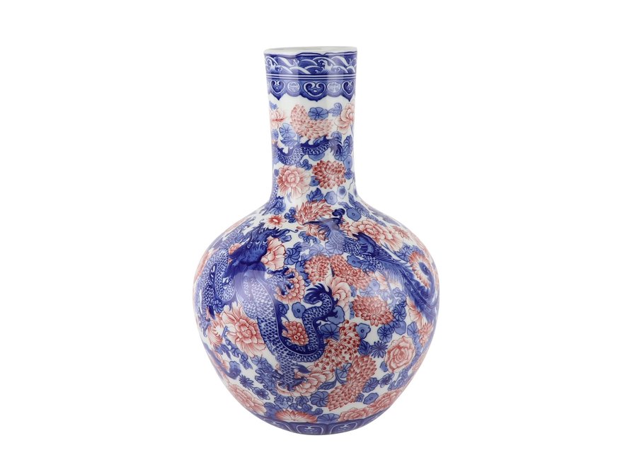 Jarrón Chino de Porcelana Dragón Azul Blanca Rojo D20xAlto40cm