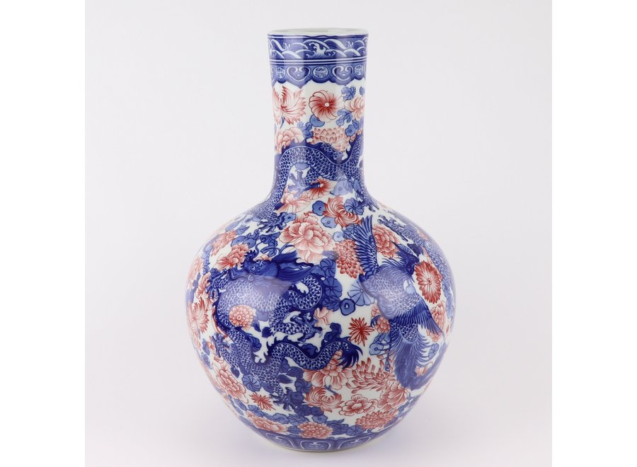 Vase Chinois Bleu Blanc Rouge Dragon Porcelaine D20xH40cm