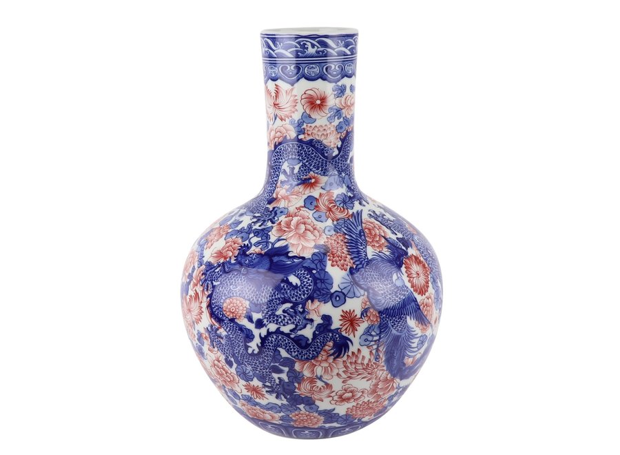 Jarrón Chino de Porcelana Dragón Azul Blanca Rojo D20xAlto40cm