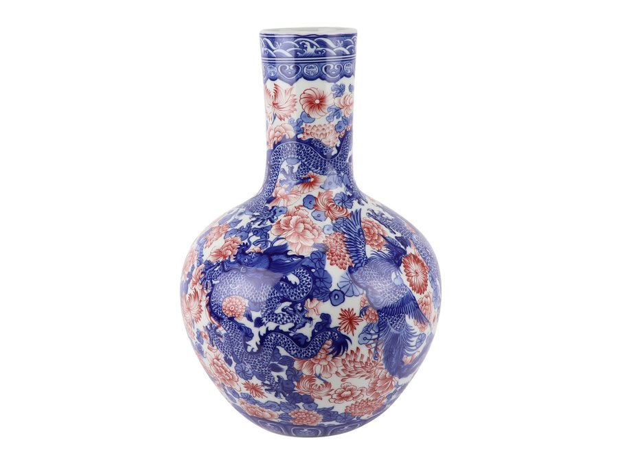 Vase Chinois Bleu Blanc Rouge Dragon Porcelaine D20xH40cm