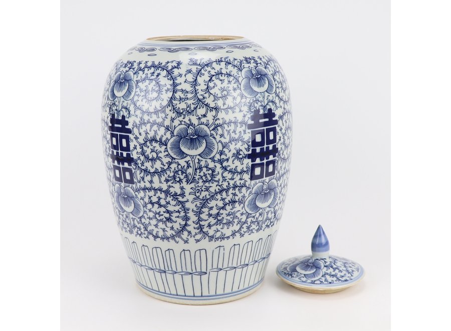Tarro de Jengibre Chino Templo Porcelana Doble Felicidad Azul Blanca D22xAlto35cm