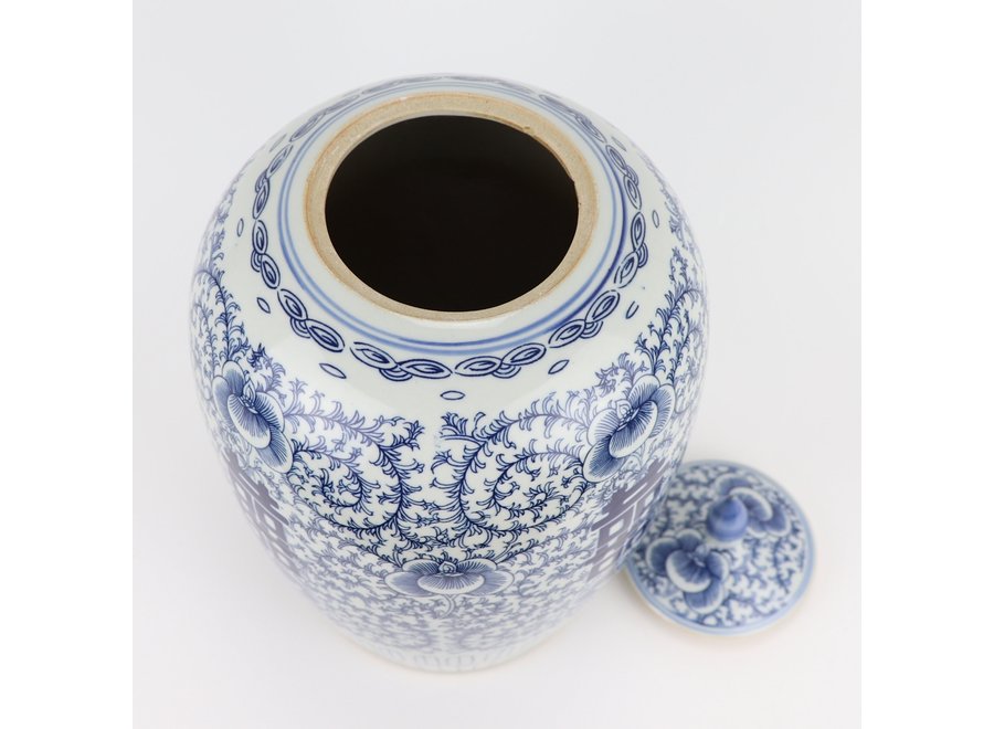 Tarro de Jengibre Chino Templo Porcelana Doble Felicidad Azul Blanca D22xAlto35cm