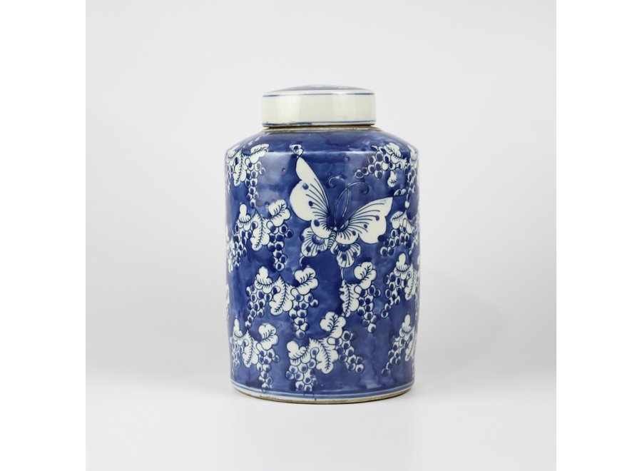 Fine Asianliving Pot à Gingembre Chinois Bleu Blanc Porcelaine Papillons D19xH29cm