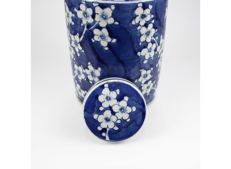 Chinesische Deckelvase Blau Weiß Porzellan Blüten D19xH29cm