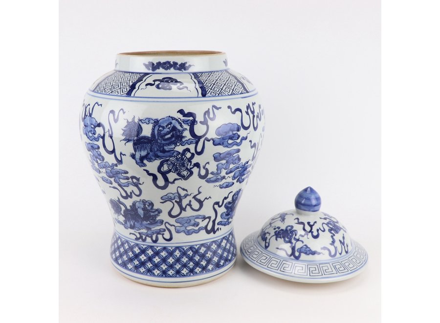 Tarro de Jengibre Chino Templo Porcelana Qilin Azul Blanca D29xAlto46cm