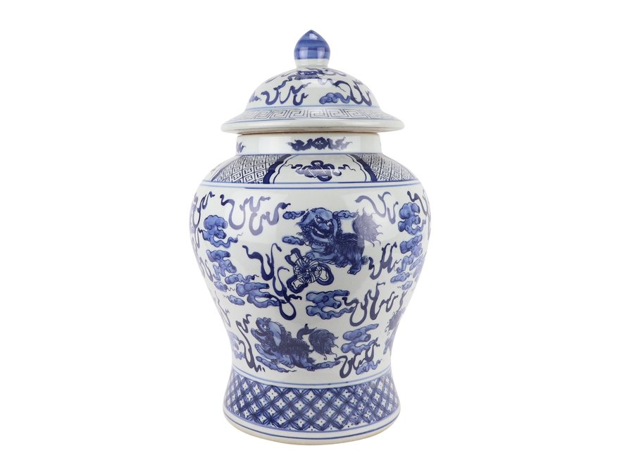 Tarro de Jengibre Chino Templo Porcelana Qilin Azul Blanca D33xAlto53cm